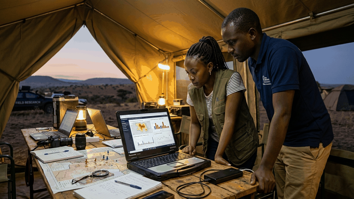Field researchers and data analysts examining charts on a laptop in an expedition station at dusk.